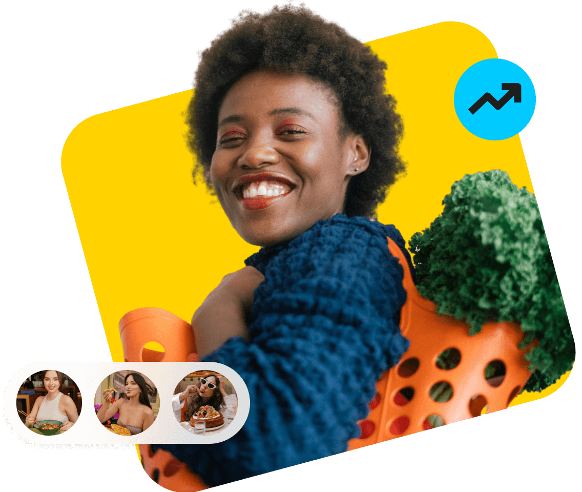 Creator smiles into camera holding a grocery bag filled with fresh vegetables